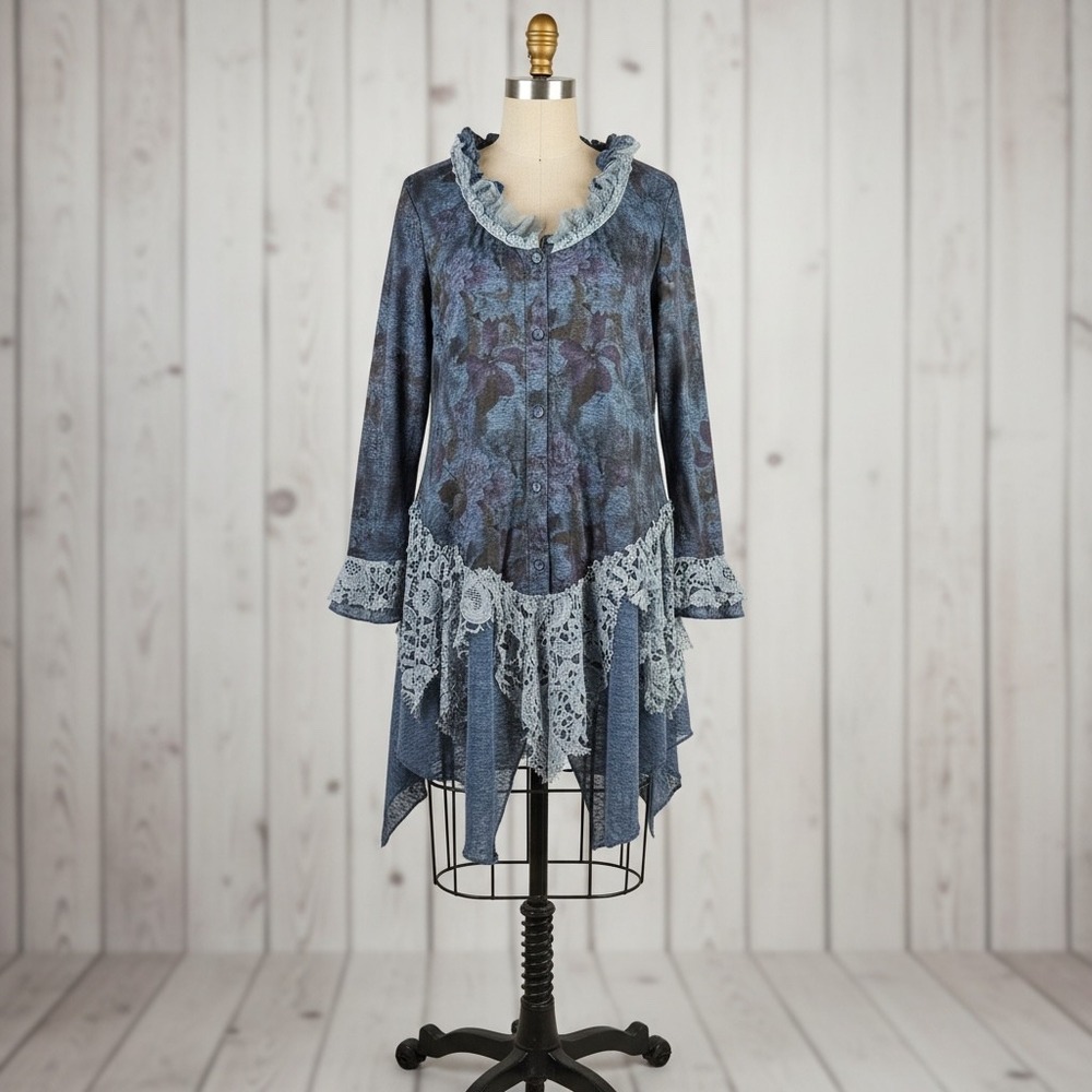 Lagenlook‎ Lace Asymmetrical Tunic Dress Pretty Angel L Blue Linen Blend Ruffle